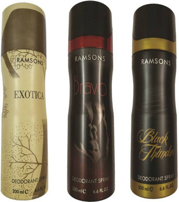 Ramsons BLACK THUNDER DEODORANT SPRAY 200 ML.+EXOTICA DEODORANT SPRAY 200 ml+ BRAVO DEODORANT SPRAY 200 ML. Deodorant Spray - For Men & Women(200 ml, Pack of 3)