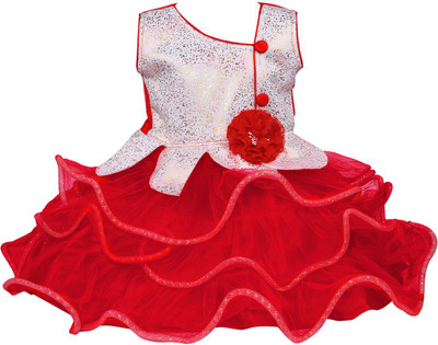 Wishkaro Girls Midi/Knee Length Party Dress(Red, Sleeveless)