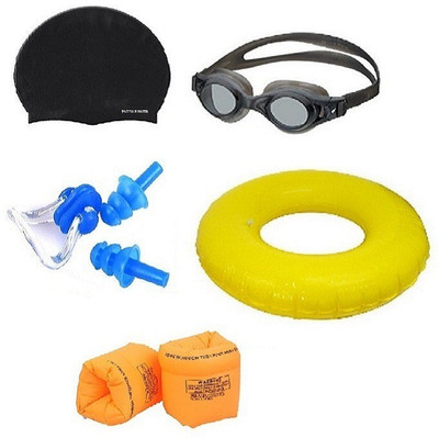 

HEALTH FIT INDIA MULTICOLOR GOGGLES, CAP WITH EAR, NOSE PLUG, 70 CENTIMER TUBE & ARM FLOTS Swimming Kit