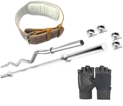 

Monika Sports 3 ft straight rod + curl rod with 4 locks + gym gloves + skin belt for exercise Home Gym Kit