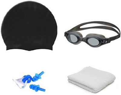 

YUKI BLACK COLOR GOGGLES, CAP WITH EAR, NOSE PLUG & TOWEL Swimming Kit