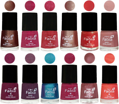 

Fabia Nail Polish Pack of 12(6 Ml Each) Professional Serious Nail Polish Light Coffee-Magenta-Shock Pink Light-Light Nude-Red Orange-Shrimp Pastell-Cherry Blossom-Light Jam-Denim-Hot Magenta-Lip-Peach(Pack of 12)