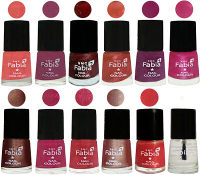 

Fabia Nail Polish Pack of 12(6 Ml Each) Professional Serious Nail Polish Light Peach-Dark Cherry Blossom-Brick Red-Dark Peach-Shock Pink-Pink-Light Coffee-Magenta-Shock Pink Light-Light Nude-Red Orange-Top Coat(Pack of 12)