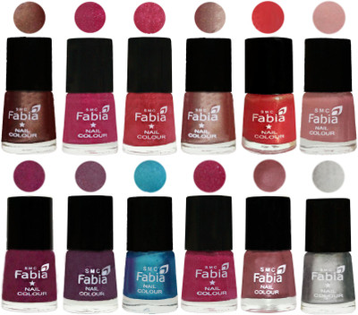 

Fabia Nail Polish Pack of 12(6 Ml Each) Professional Serious Nail Polish Light Coffee-Magenta-Shock Pink Light-Light Nude-Red Orange-Shrimp Pastell-Cherry Blossom-Light Jam-Denim-Hot Magenta-Lip-Silver(Pack of 12)