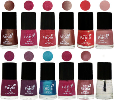 

Fabia Nail Polish Pack of 12(6 Ml Each) Professional Serious Nail Polish Light Coffee-Magenta-Shock Pink Light-Light Nude-Red Orange-Shrimp Pastell-Cherry Blossom-Light Jam-Denim-Hot Magenta-Lip-Top Coat(Pack of 12)