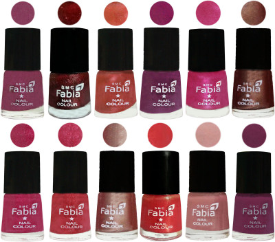 Fabia Nail Polish Pack of 12(6 Ml Each) Professional Serious Nail Polish Dark Cherry Blossom-Brick Red-Dark Peach-Shock Pink-Pink-Light Coffee-Magenta-Shock Pink Light-Light Nude-Red Orange-Shrimp Pastell-Light purple(Pack of 12)