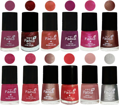 

Fabia Nail Polish Pack of 12(6 Ml Each) Professional Serious Nail Polish Dark Cherry Blossom-Brick Red-Dark Peach-Shock Pink-Pink-Light Coffee-Magenta-Shock Pink Light-Light Nude-Red Orange-Shrimp Pastell-Silver(Pack of 12)