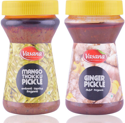 

Vasana Mango Thokku Pickle and Ginger pickle Combo Mango, Ginger Pickle(600.0 g, Pack of2)