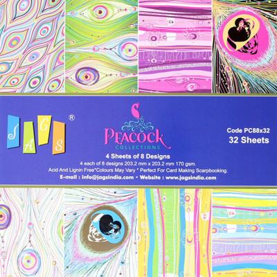 

JAGS 8x8 Inch Craft Papers Peacock - (CPPS111) - 8 Pattern Designs 32 Sheets