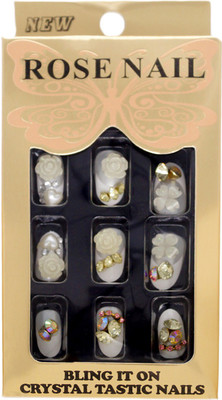 

One Personal Care Faux Diamond, Flower Charm Studded Press On Artificial Nails Bridal 05 Silver, Cream(Pack of 24)