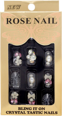 

One Personal Care Faux Pearl (Moti), Diamond, Bow & Flower Charm Studded Press On Artificial Nails Bridal 02 Transparent, Pink, White(Pack of 24)