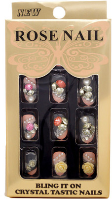 

One Personal Care Faux Diamond, Pearl (Moti), Flower Charm Studded Press On Artificial Nails Bridal 08 Transparent, Orange, Yellow(Pack of 24)