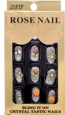 

One Personal Care Faux Diamond, Pearl (Moti), Sun Flower Charm Studded Press On Artificial Nails Bridal 06 Gray White, Yellow, Pink(Pack of 24)