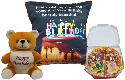 

Natali Traders Birthday Combo - Soft Toy, Pizza Themed Greeting Card & Cushion Cover + Filler(Set of 3)