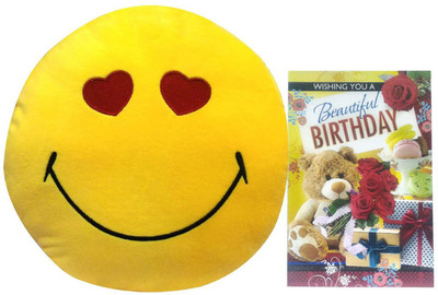 

Natali Traders Emoticon Yellow Round Cushion Pillow Stuffed Plush Toy With Birthday Card(Set of 2)