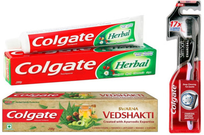 

Colgate Combo 1 Herbal Tooth Paste ,1 Swarna Vedshakti,1 Slim Soft Charcoal Tooth Brush(Set of 3)
