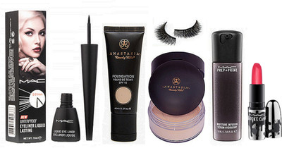 

studio Eyelashes, Anastasia Loose Powder Compact & Foundation, Liquid Eyeliner, Face Serum, Brookcandy Folly Orange Lipstick Of Mac(Set of 6)