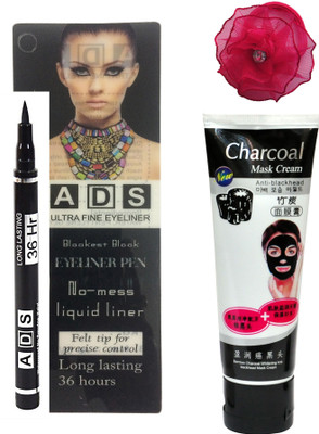 ads Black Eyeliner Pen No-mess Liquid liner (12 ML), Bamboo Charcoal Whitening Anti-Blackhead Mask Cream 80 gm and Band(3 Items in the set)