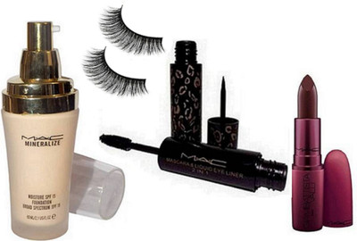 

studio Of Eyelashes , Mac MInerlize Moisture Foundation, Match Master Foundation Of Mac , 2 in 1 Eyeliner & Mascara With Giambattista Valli Matte Instigator Lipstick(Set of 5)