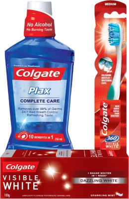Colgate Visible White Sparkling Toothpaste -100 g and 360 Visible White Toothbrush - 1 Pc with Plax Complete Care Mouthwash -250 ml (3 Items in the set)