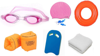 

HEALTH FIT INDIA MULTICOLOR GOGGLES, CAP WITH EAR, NOSE PLUG, 60 CENTIMER TUBE, ARM FLOTS, KICK BOARD & TOWEL Swimming Kit