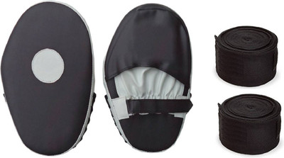 

FACTO POWER Pair of Black Color Straight Coacher Pad and 9 Feet Long Black Color Hand Wraps Pair Boxing Kit