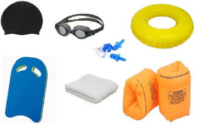 

HEALTH FIT INDIA MULTICOLOR GOGGLES, CAP WITH EAR, NOSE PLUG, 60 CENTIMER TUBE, ARM FLOTS, KICK BOARD & TOWEL Swimming Kit