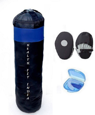 

HEALTH FIT INDIA 3.5 Feet Long, PU Material, Black and Blue Color, Unfilled with Hanging Straps, Pair of Black Color Straight Coacher Pad and Blue Color Mouth Guard Gym & Fitness Kit