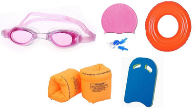 

HEALTH FIT INDIA MULTICOLOR GOGGLES, CAP WITH EAR, NOSE PLUG, 60 CENTIMER TUBE, ARM FLOTS & KICK BOARD Swimming Kit