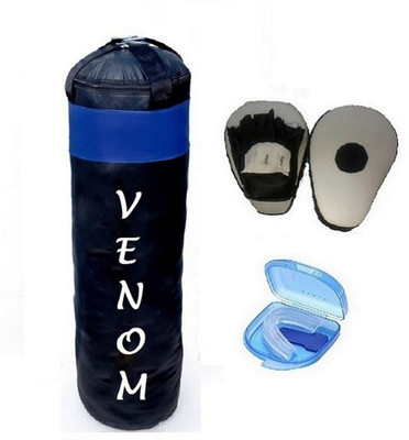 

Venom 3.0 Feet Long, PU Material, Black and Blue Color, Unfilled with Hanging Straps, Pair of Black Color Straight Coacher Pad and Blue Color Mouth Guard Gym & Fitness Kit
