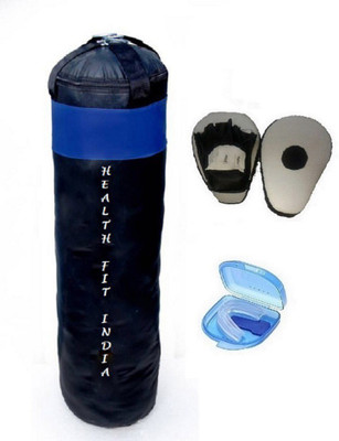 

HEALTH FIT INDIA 4.5 Feet Long, PU Material, Black and Blue Color, Unfilled with Hanging Straps, Pair of Black Color Curve Coacher Pad and Blue Color Mouth Guard Boxing Kit