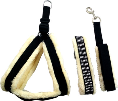 

Skora Premium Quality 1.25" inch black & White fur Dog harness +Leash+collar Set. for  breed Dog Dog Harness & Leash(, black, white