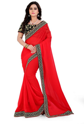 Fabcartz Embroidered Fashion Georgette, Velvet Saree(Red) Flipkart