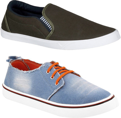 

Pexlo Pack of 2 Blue & Olive Casual Shoes (Loafers & Sneakers Shoes) Canvas Shoes For Men(Blue, Olive