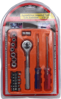 GOCART 17pcs Practical Sockets Wrenches Multi Function Combination Hardware Screwdrivers Set Household Assembly Universal Hand Tool Kit Socket Set(Pack of 1)