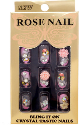 

One Personal Care Faux Diamond, Flower Charm Studded Press On Artificial Nails Bridal 07 Transparent, Cream, Pink(Pack of 24)