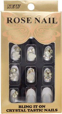 

One Personal Care Faux Diamond, Flower Charm Studded Press On Artificial Nails Bridal 10 Cream, Silver(Pack of 24)