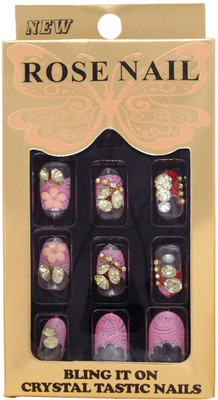 

One Personal Care Faux Diamond & Flower Charm Studded Press On Artificial Nails Bridal 01 Transparent, Pink(Pack of 24)