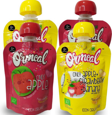 Ormeal Only Apple and Only Apple + Strawberry + Banana Organic Fruit Puree Combo Pack (2+2) Cereal(360 g, Pack of 4, 6+ Months)