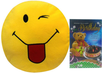 

Natali Traders Emoticon Yellow Round Cushion Pillow Stuffed Plush Toy With Birthday Card(Set of 2)