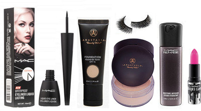 

studio Eyelashes, Anastasia Loose Powder Compact & Foundation, Liquid Eyeliner, Face Serum, Brookcandy Pink Lipstick Of Mac(Set of 6)