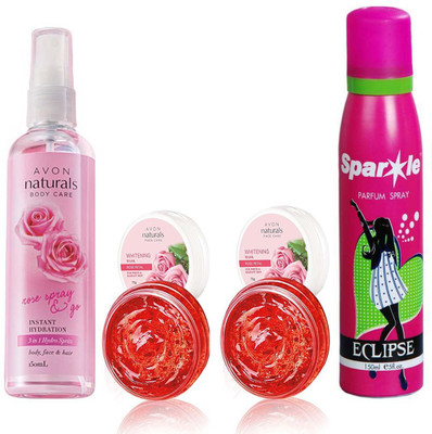 

Avon Anew Naturals Rose 3 in 1 Spray (150 ml) & two Natural Face care Whitening Mask -Rose Petal (75 g) With one sparkle perfume spray 150 ml(Set of 4)