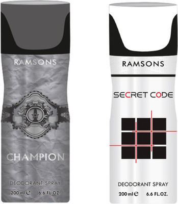 

Ramsons Combo Of Champion and Secret Code Long Lasting Men's Spray Deodorant Spray - For Men(200 ml, Pack of 2)