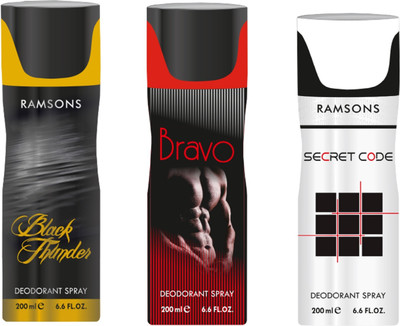 

Ramsons Combo Of Black Thunder, Bravo and Secret Code Long Lasting Men's Spray Deodorant Spray - For Men(200 ml, Pack of 3)