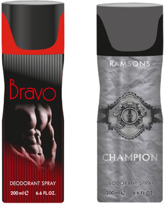 

Ramsons Combo Of Bravo and Champion Long Lasting Men's Spray Deodorant Spray - For Men(200 ml, Pack of 2)