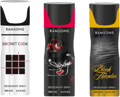 

Ramsons Combo Of Secret Code, Sexy and Black thunder Long Lasting Men's Spray Deodorant Spray - For Men(200 ml, Pack of 3)