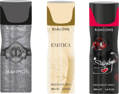 

Ramsons Combo Of Champion, Exotica and Sexy Long Lasting Men's Spray Deodorant Spray - For Men(200 ml, Pack of 3)
