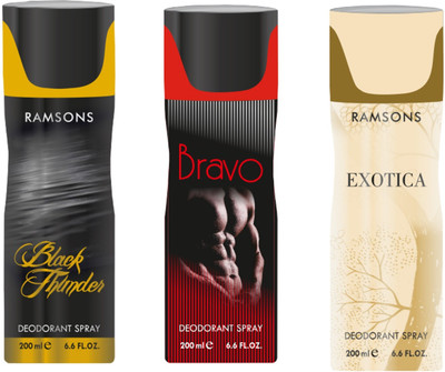 

Ramsons Combo Of Black Thunder, Bravo and Exotica Long Lasting Men's Spray Deodorant Spray - For Men(200 ml, Pack of 3)