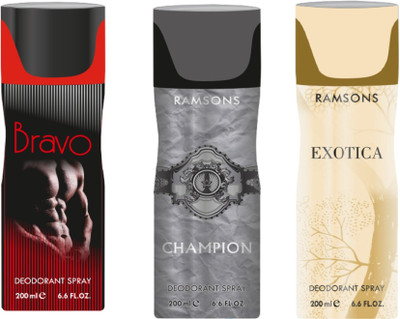 

Ramsons Combo Of Bravo, Champion and Exotica Long Lasting Men's Spray Deodorant Spray - For Men(200 ml, Pack of 3)