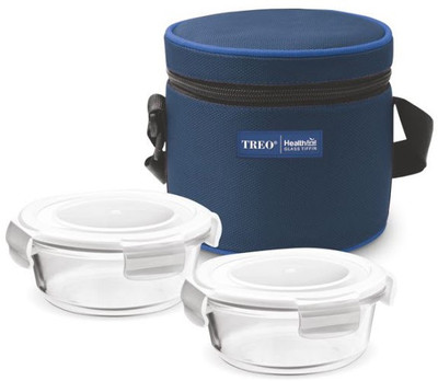 TREO Health First Glass Tiffin set of 2 pcs 380 ml Round Container in Thermostat Jacket- Brown 2 Containers Lunch Box(380 ml)